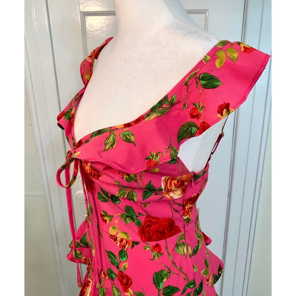 Signature NWT Rose Pink Floral Ruffle Tiered Summer Mini Dress Fuchsia Small - Picture 6 of 16